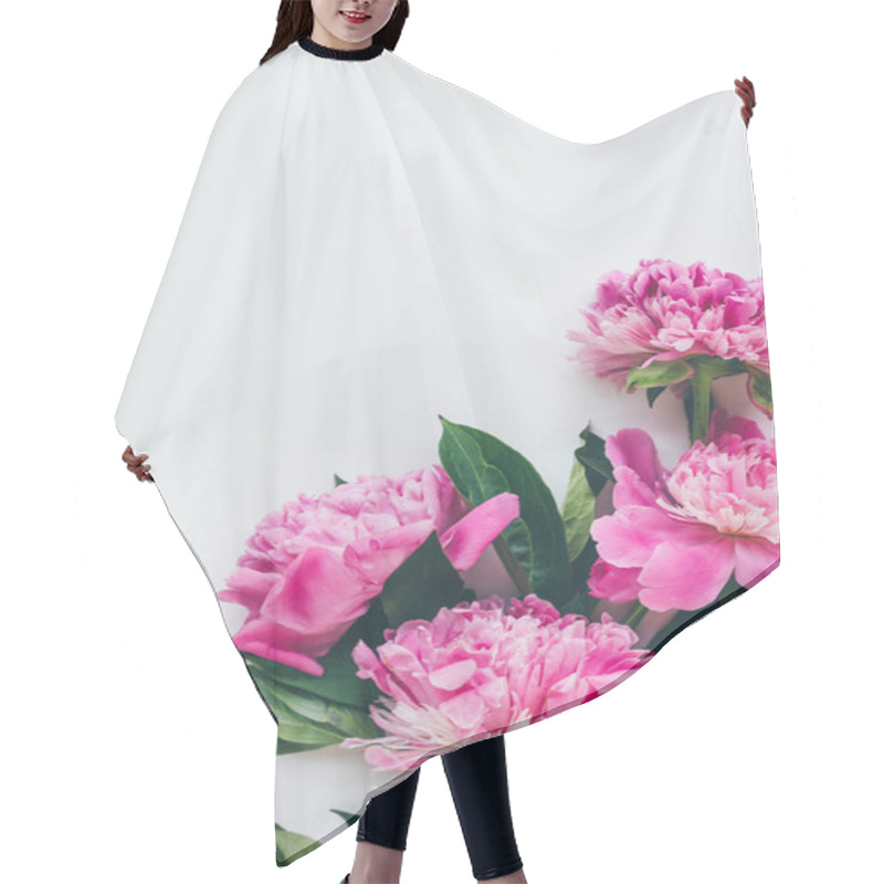 Personality  Top View Of Pink Peonies With Leaves On White Hair Cutting Cape