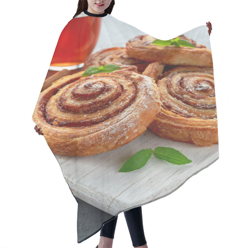 Personality  Freshly Baked Traditional Sweet Cinnamon Rolls, Swirl On White Wooden Board With Hot Black Tea And Mint Hair Cutting Cape