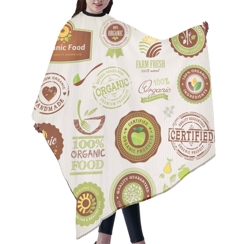 Personality  Set Of Organic Food Labels And Elements Hair Cutting Cape