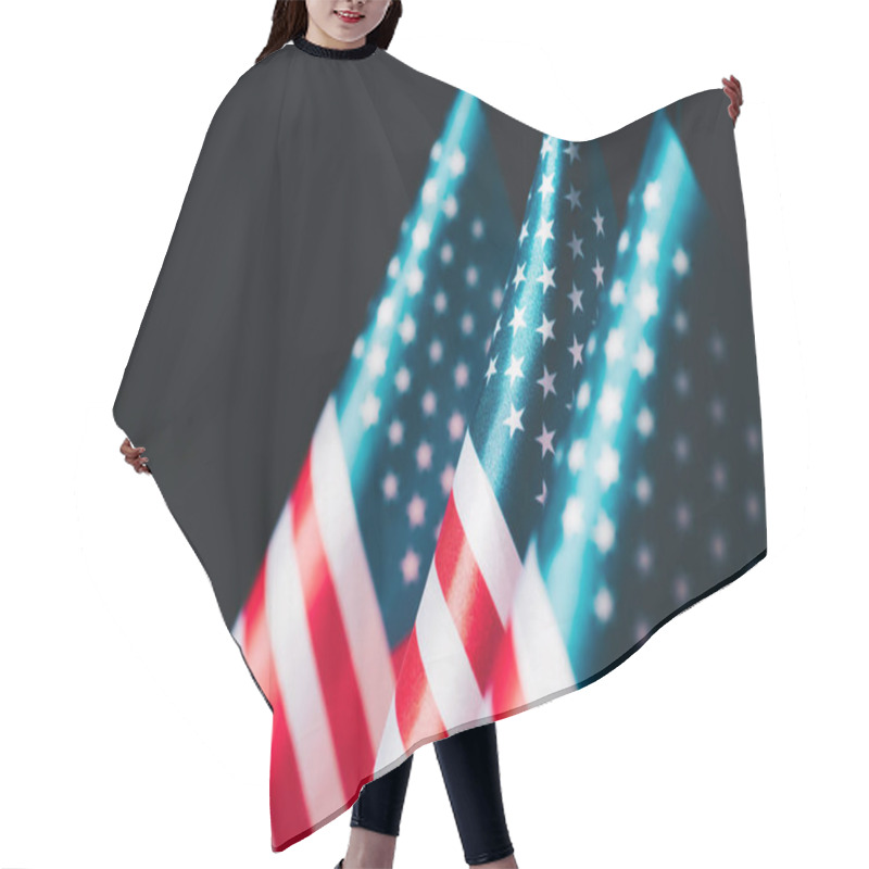 Personality  Selective Focus Of Usa National Flags On Flagpoles Isolated On Black, Memorial Day Concept Hair Cutting Cape