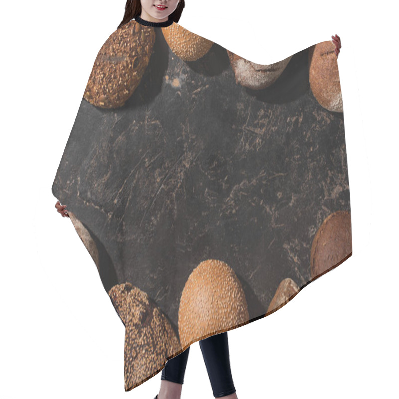 Personality  Top View Of Fresh Baked Bread And Buns On Stone Black Surface Hair Cutting Cape