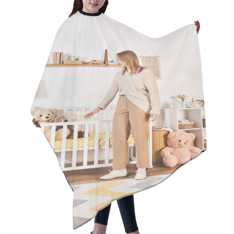 Personality  Young Pregnant Woman Standing Near Crib In Nursery Room With Soft Toys At Home, Birth Expectation Hair Cutting Cape