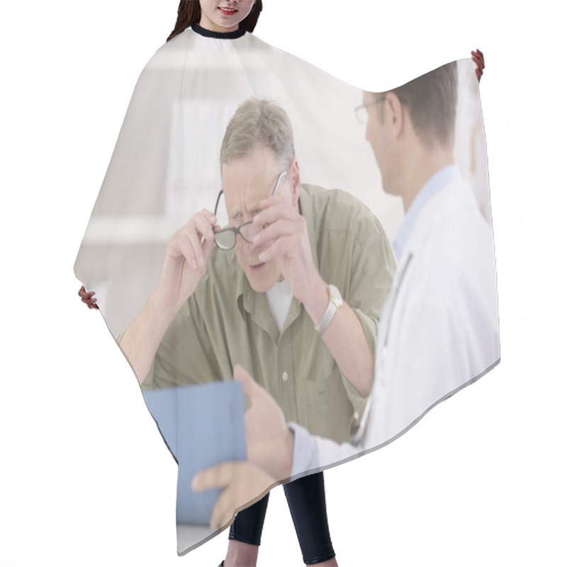 Personality  Doctor Showing Results To Myopic Patient Hair Cutting Cape