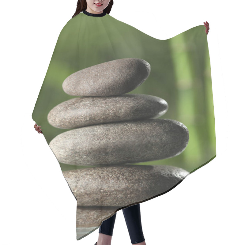 Personality  Stacked Stones On Water Surface Against Bamboo Stems And Green Leaves, Closeup Hair Cutting Cape