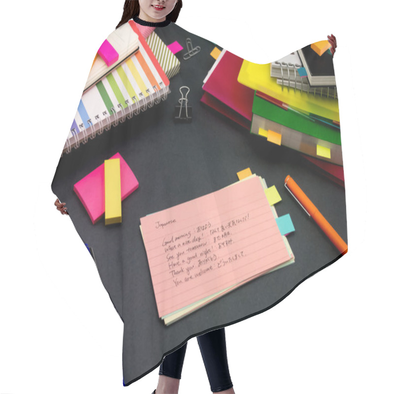 Personality  Learning New Language Writing Words Many Times On The Notebook;  Hair Cutting Cape