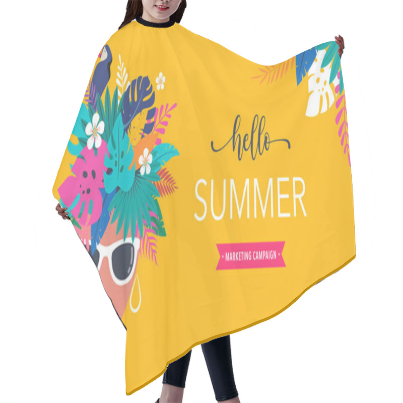 Personality  Summer Time Fun Concept Design. Creative Background Womans Head, Jungle Leaves And Toucan. Summer Sale, Post Template Hair Cutting Cape