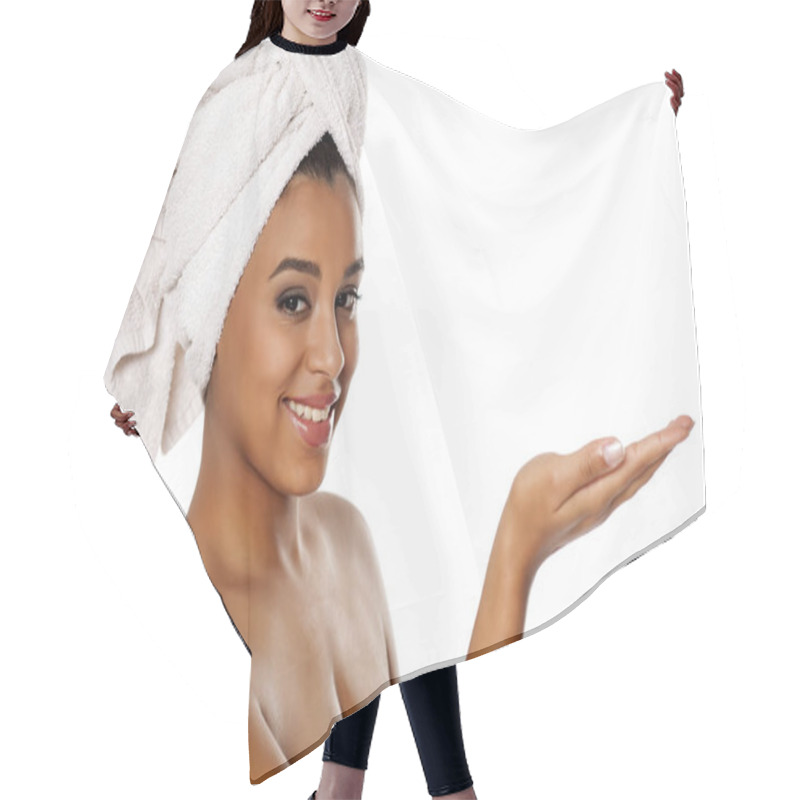 Personality  Portrait Of A Young Smiling Dark-skinned Woman On A White Background, Advertise Some Product Hair Cutting Cape