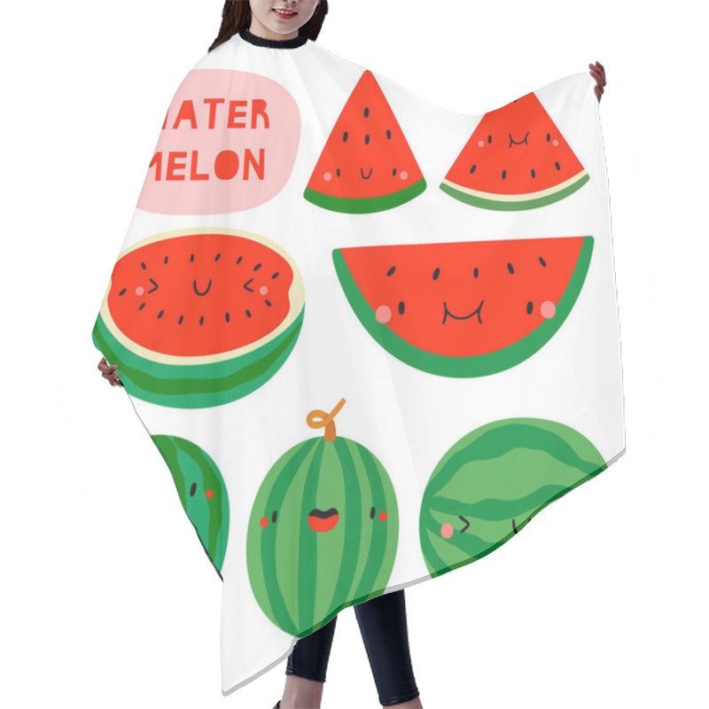 Personality  Super Cute Set - Different Hand Drawn Watermelon. Seasonal Watermelon Fruit Character With Smiley Face. Funny Food Illustration Hair Cutting Cape