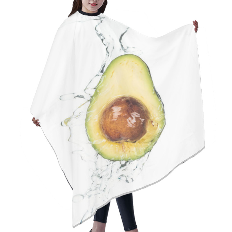 Personality  Ripe Nutritious Avocado Half With Seed And Water Splash Isolated On White  Hair Cutting Cape