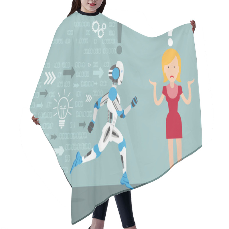 Personality  Cartoon Woman Running Robot Data Arrows Hair Cutting Cape