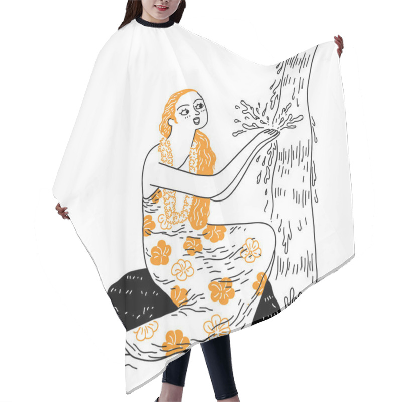 Personality  Pretty Woman With Long Hair Bathe In The Waterfall, Vector Illustration Hand Drawn Hair Cutting Cape