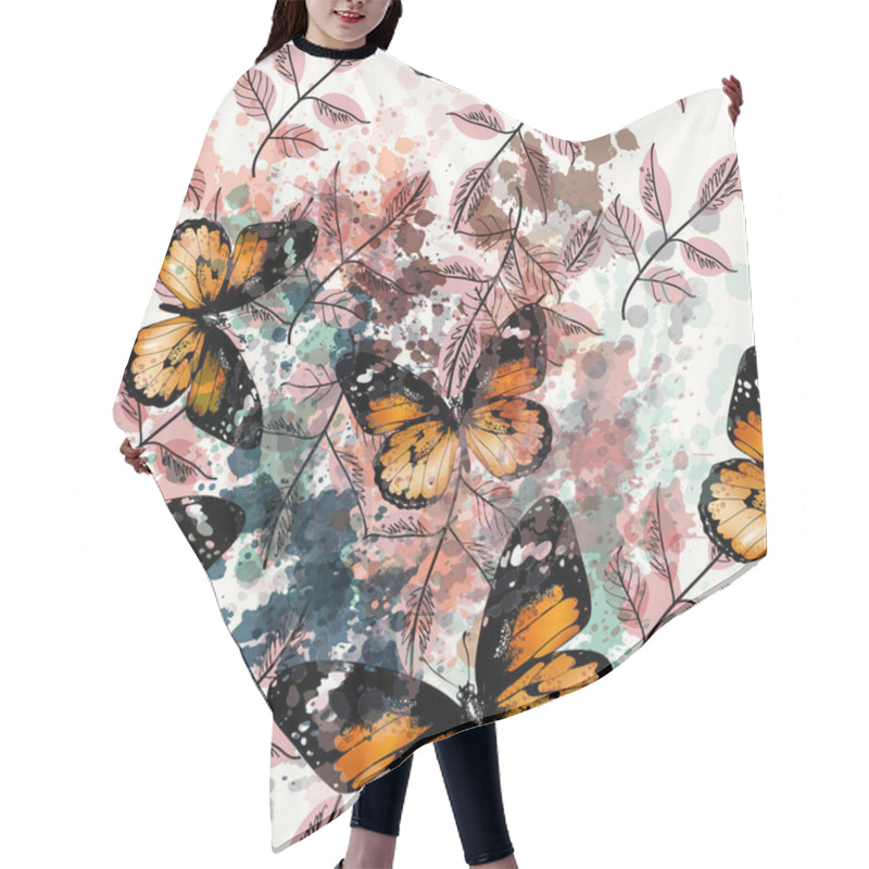 Personality  Floral Vector Pattern With Ink Spots And Butterflies Hair Cutting Cape