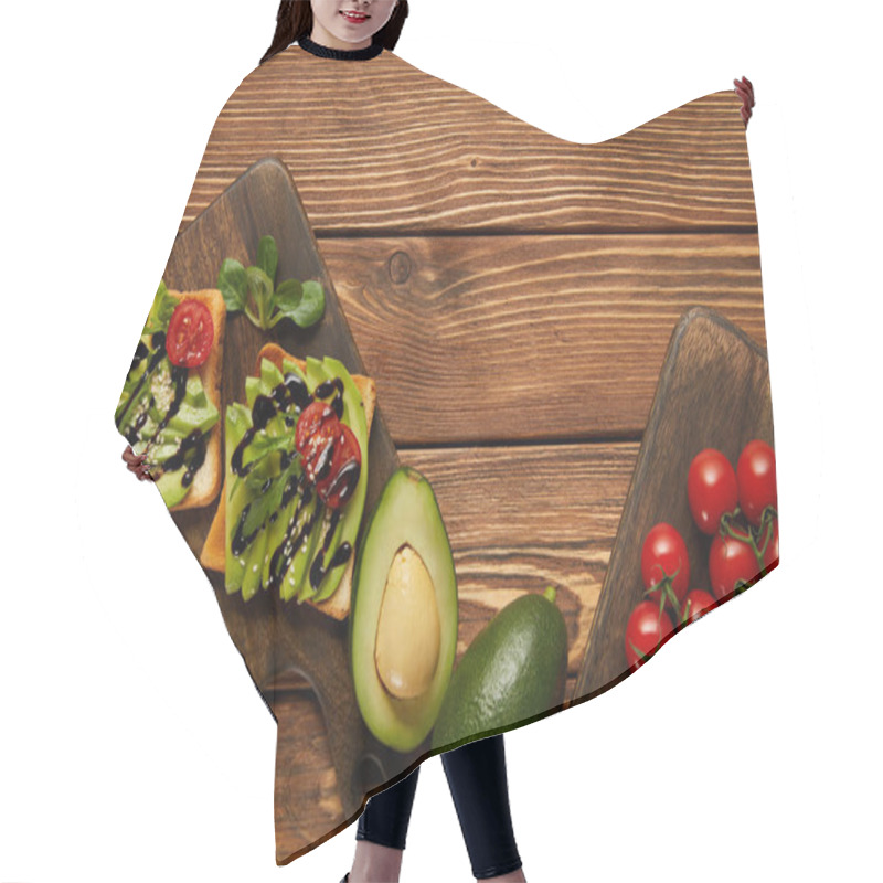 Personality  Top View Of Toasts With Avocados, Cherry Tomatoes On Wooden Background Hair Cutting Cape