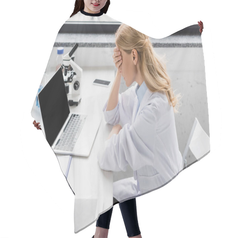 Personality  Upset Scientist In White Coat Covering Face Near Laptop With Blank Screen And Microscope On Desk Hair Cutting Cape