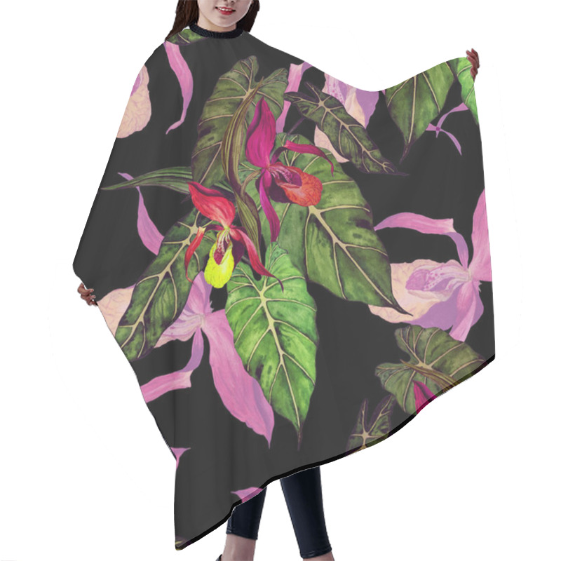 Personality  Watercolor Floral Seamless Patern With Tropical Orchid Flowers On Black. Exotic Floral Print. Colorful Spring Or Summer Nature Background. Hair Cutting Cape