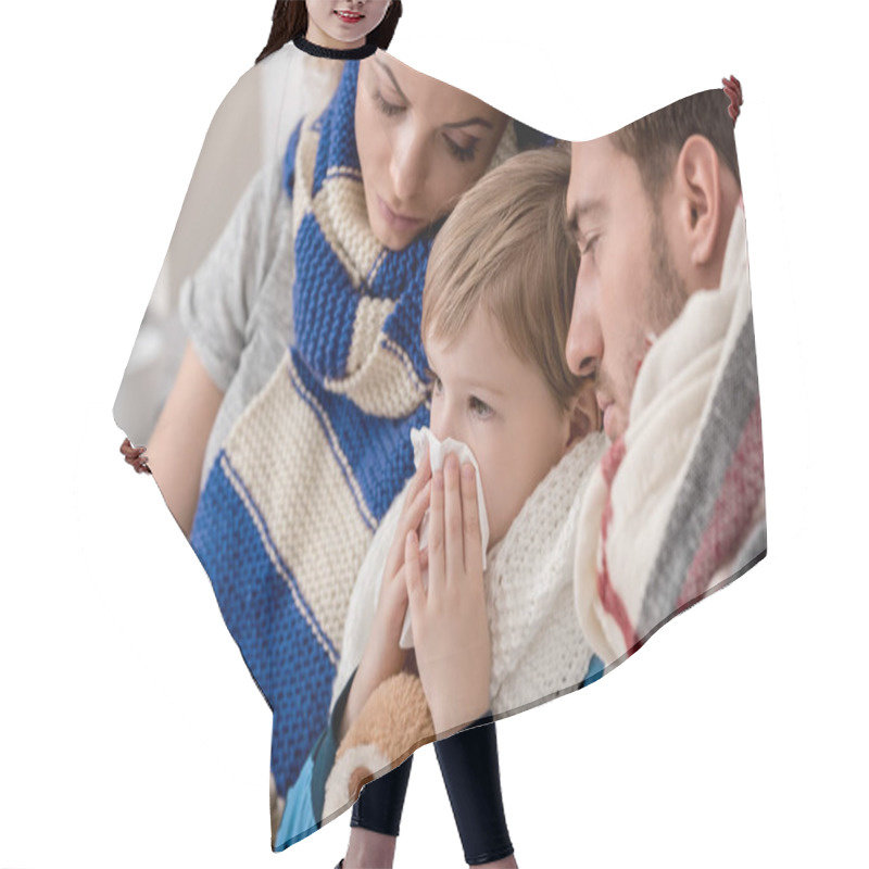 Personality  Close-up Portrait Of Sick Little Kid Blowing Nose While Lying In Bed With Parents Hair Cutting Cape