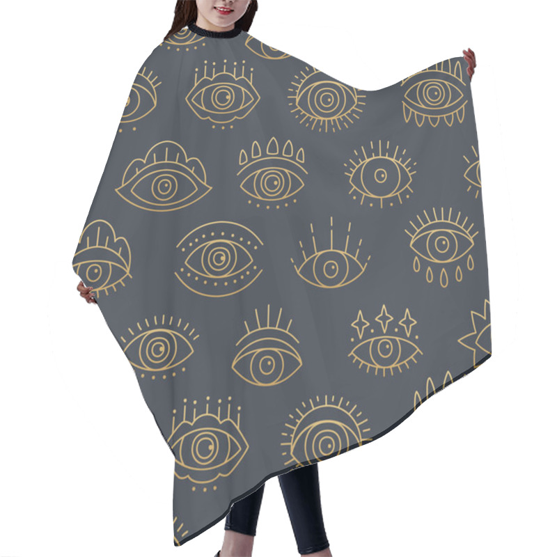 Personality  Seamless Pattern Design With Line Art Icon Of Evil Seeing Eye. Hair Cutting Cape