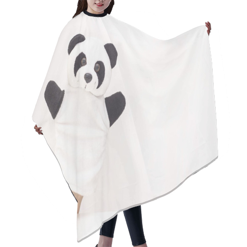 Personality  Puppet Theater On A White Background. Friendly Animals Hold Hands. The Concept Of Playing With Children, Friendship, Family, Entertainment. Nanny Entertains Children. Copyspace Hair Cutting Cape