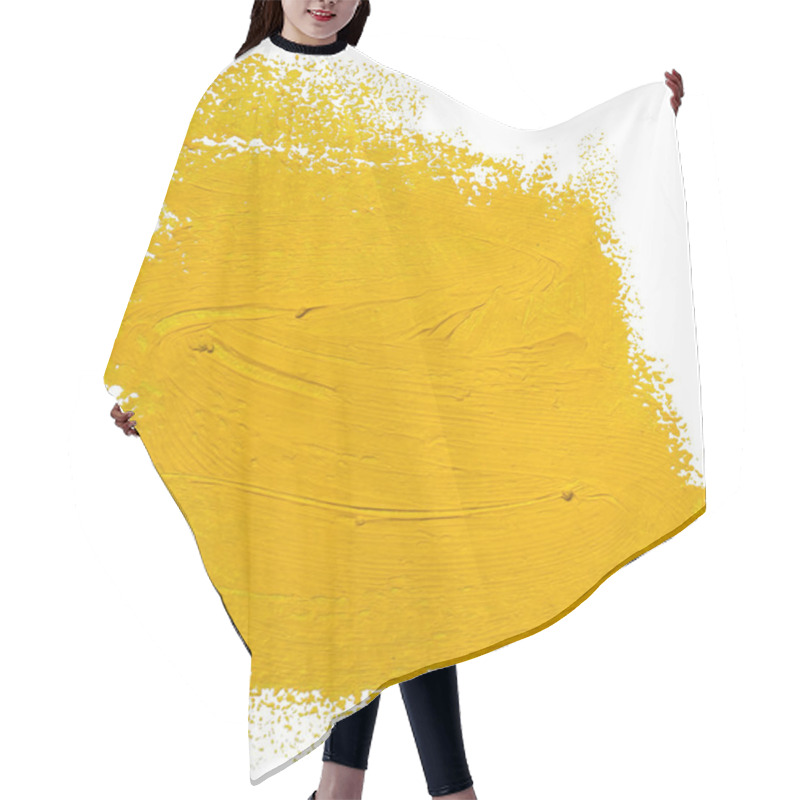 Personality  Yellow Oil Brush Stroke. Abstract Varnish Splash Trace Shape. Glossy Oil Paint Smear On White Background. Hair Cutting Cape