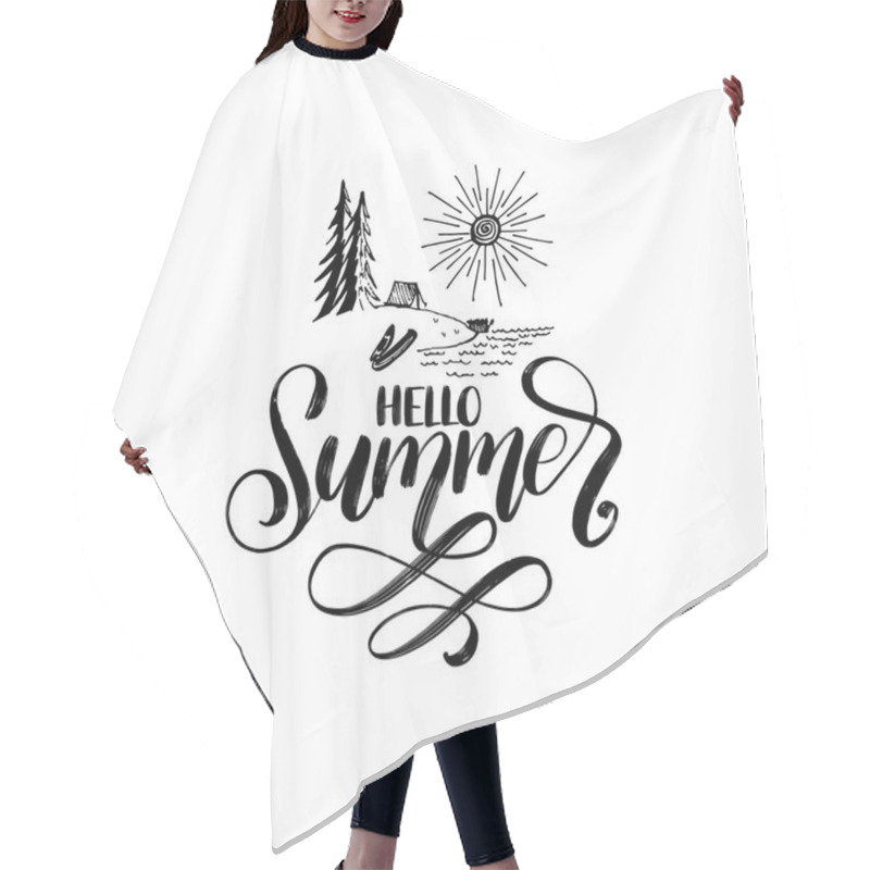 Personality  Hand Lettering Hello Summer Phrase On White Background Hair Cutting Cape