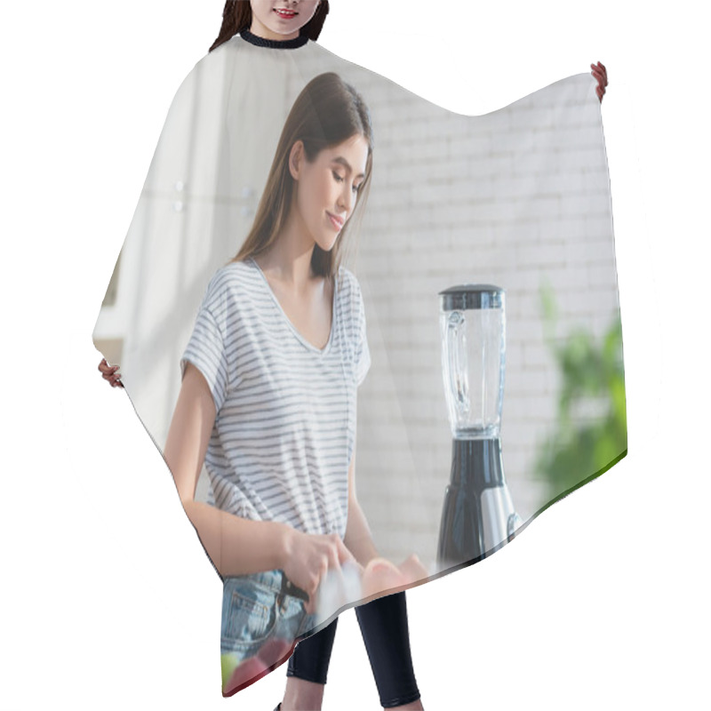 Personality  Smiling Woman Preparing Breakfast Near Fresh Fruits And Blender In Kitchen Hair Cutting Cape