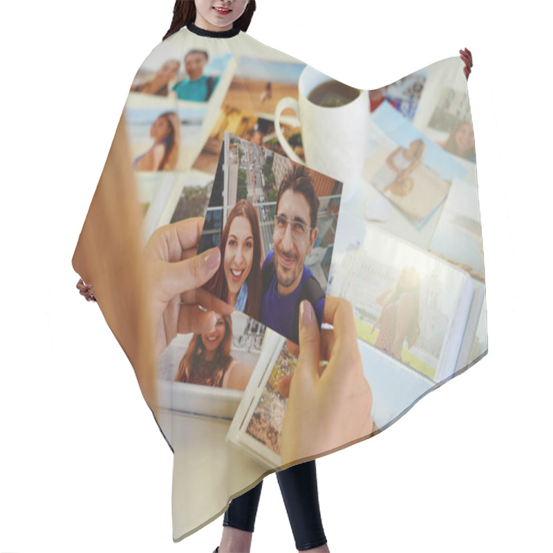 Personality  Romantic Woman Looking At Image Prints With Her Boyfriend At Home Hair Cutting Cape