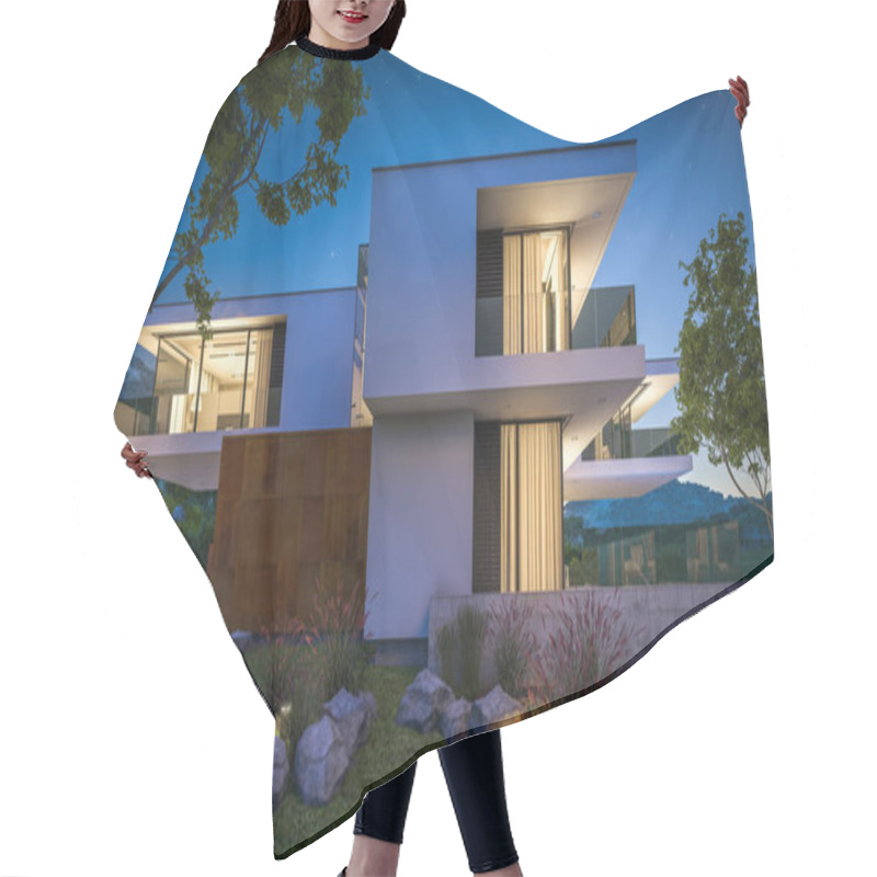 Personality  3d Rendering Of Modern House By The River At Night Hair Cutting Cape