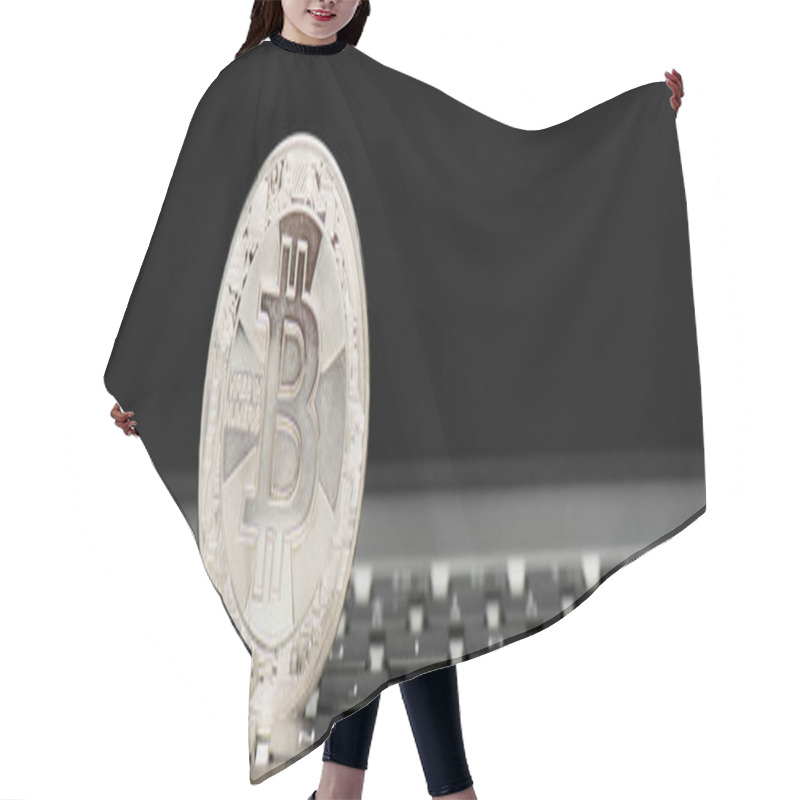 Personality  KYIV, UKRAINE - APRIL 26, 2022: Close Up View Of Silver Bitcoin On Laptop With Blank Screen On Black Background, Banner  Hair Cutting Cape