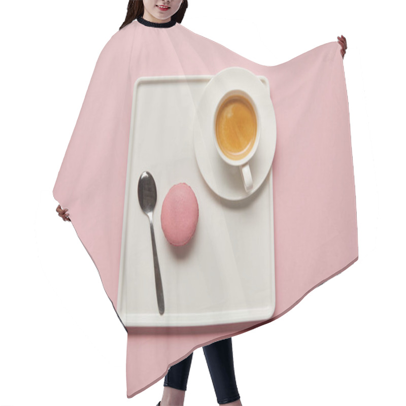 Personality  Top View Of Pink Macaroon With Spoon And Cup Of Coffee On Big Square White Dish On Pink Background Hair Cutting Cape