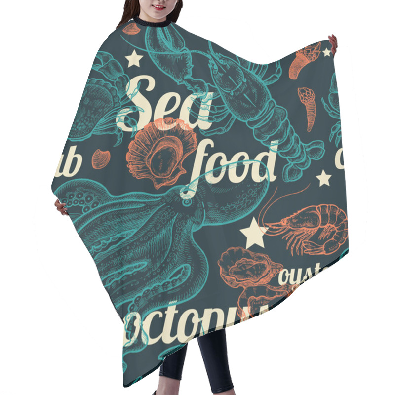 Personality  Seamless Vector Pattern With Seafood. Hair Cutting Cape