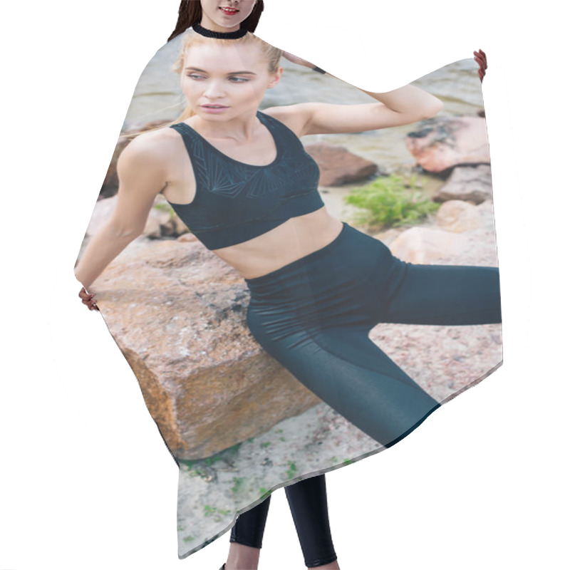 Personality  Overhead View Of Tired Girl In Sportswear Sitting On Stone  Hair Cutting Cape