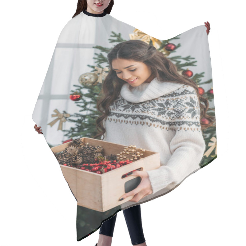 Personality  Woman With Box Of Natural Christmas Decor Hair Cutting Cape