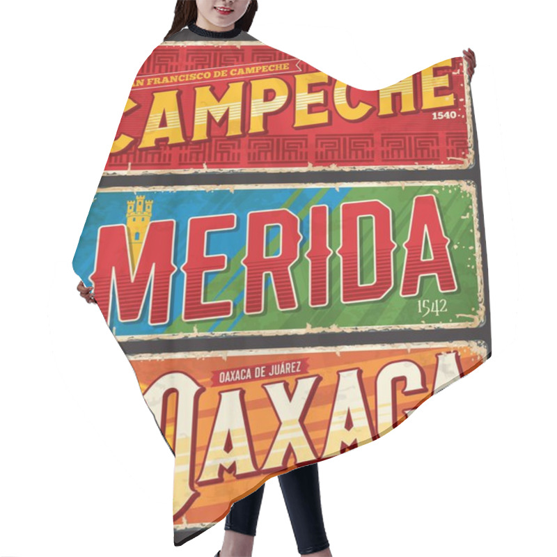 Personality  Campeche, Oaxaca, Merida Mexican City Travel Stickers And Plates. Mexico Vacation Travel Destination Vector Sticker Or Tin Sign, North American Journey Plate Or Banner With Mexican Ethnic Ornaments Hair Cutting Cape