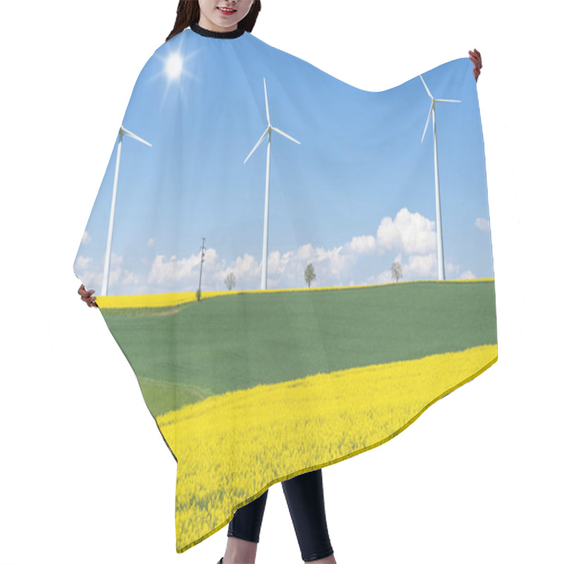 Personality  Flowering Rapeseed Fields With Three Wind Turbines Hair Cutting Cape