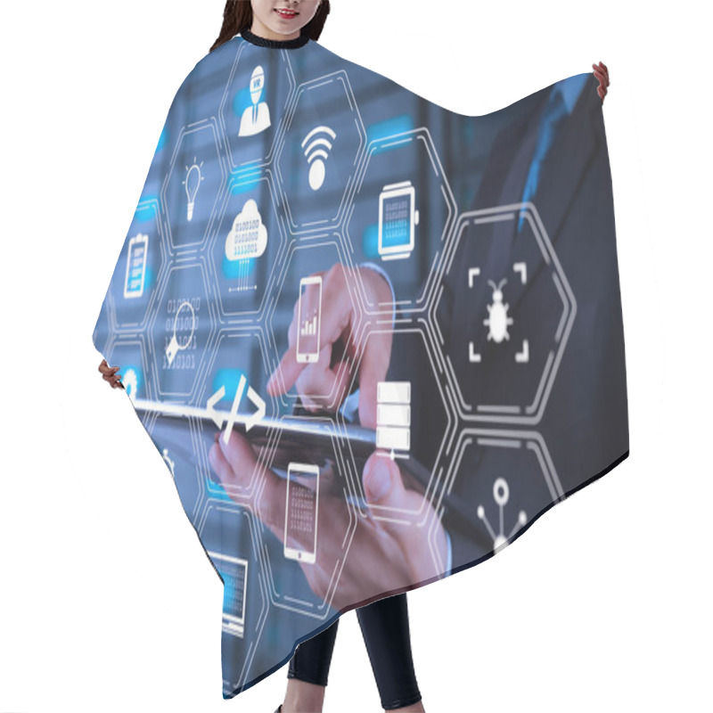 Personality  Coding Software Developer Work With Augmented Reality Dashboard Computer Icons Of Scrum Agile Development And Code Fork And Versioning With Responsive Cybersecurity.businessman Hand Using Tablet Computer. Hair Cutting Cape