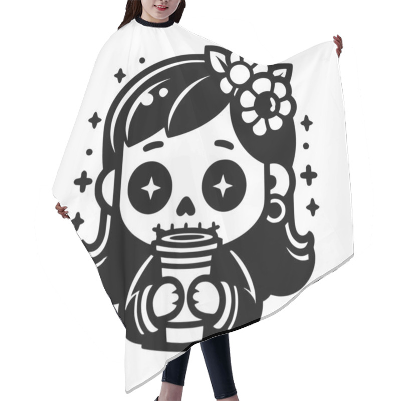 Personality  Black-and-white Vector Illustration Of A Cute Skeleton Girl With Sparkling Eyes, A Floral Accessory, And A Cozy Coffee Cup, Perfect For Halloween Or Autumn-themed Designs. Hair Cutting Cape