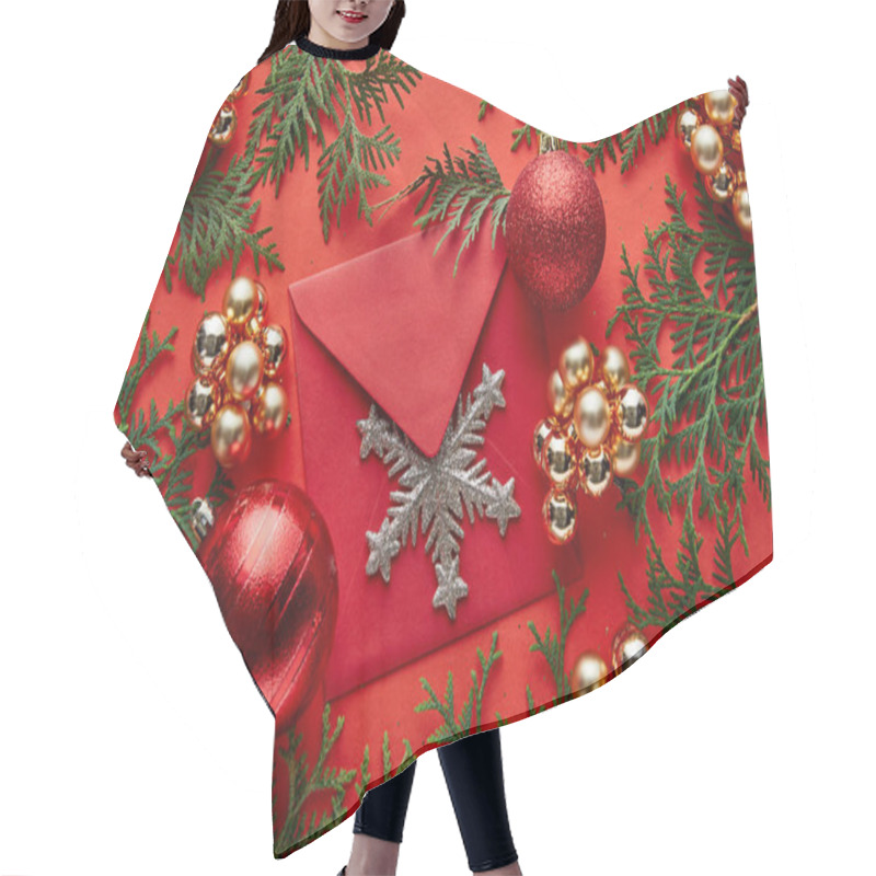 Personality  Top View Of Shiny Christmas Decoration, Envelope With Snowflake And Thuja On Red Background Hair Cutting Cape