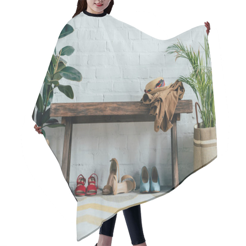 Personality  Different Shoes Under Wooden Bench In Corridor At Home, Potted Palm Tree And Ficus On Floor Hair Cutting Cape