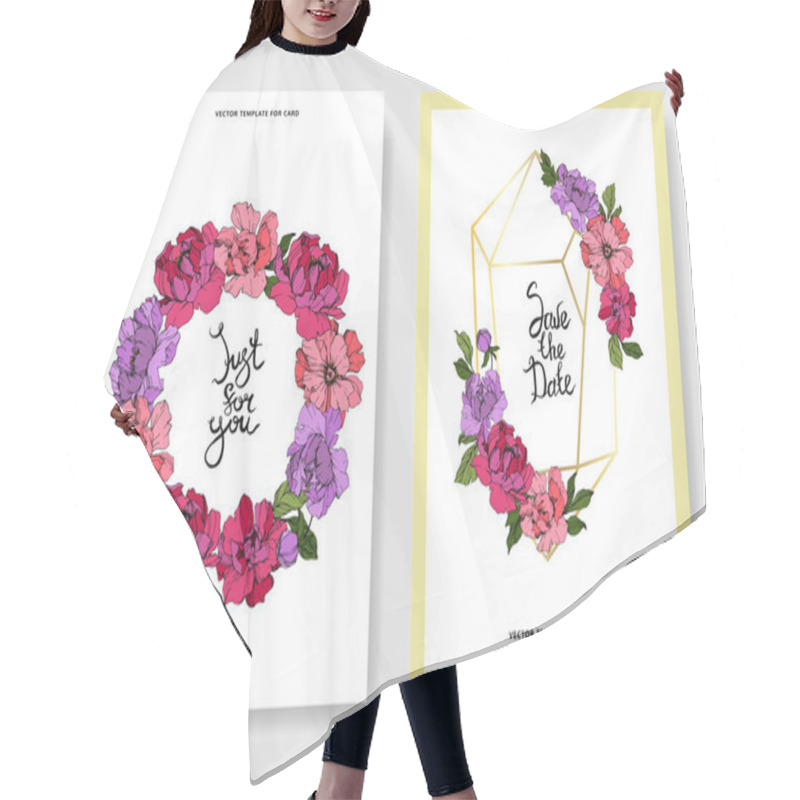 Personality  Vector Pink And Purple Peonies. Engraved Ink Art. Wedding Cards With 'thank You' And 'just For You' Lettering. Graphic Set Banner. Hair Cutting Cape