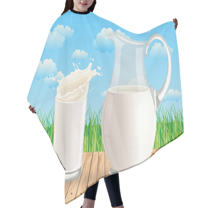 Personality  A Glass Of Milk And A Jug Of Milk On A Wooden Table Against The Backdrop Of A Summer Landscape. Poster, Banner, Illustration, Vector Hair Cutting Cape