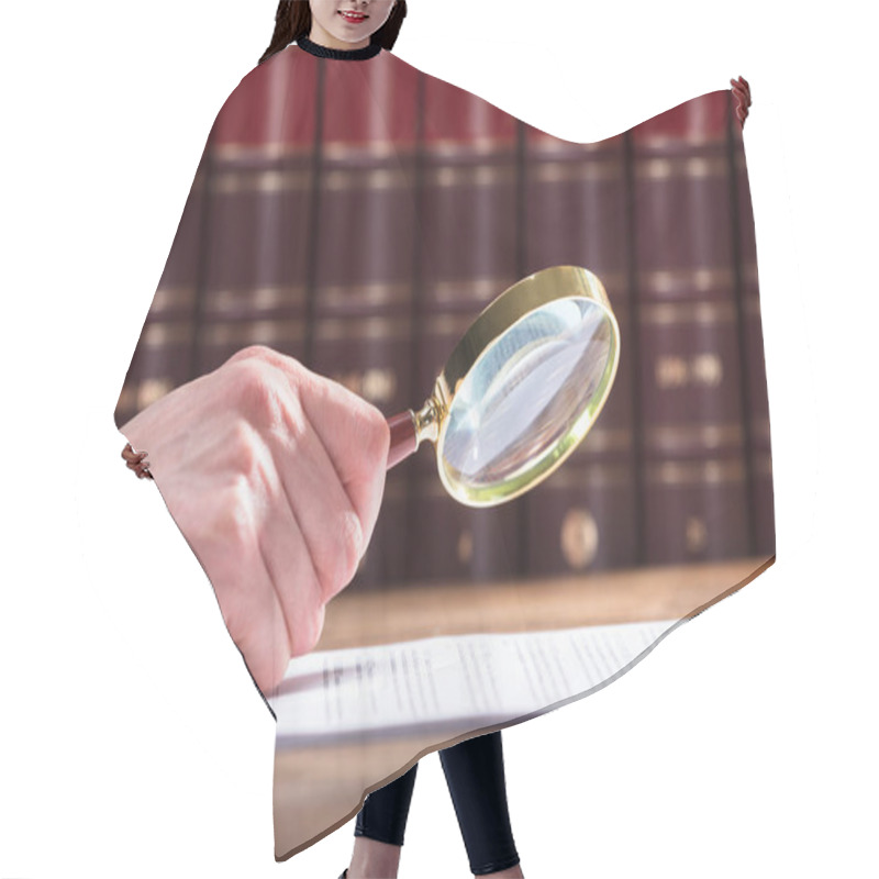 Personality  Human Hand Examining Document Through Magnifying Glass Hair Cutting Cape