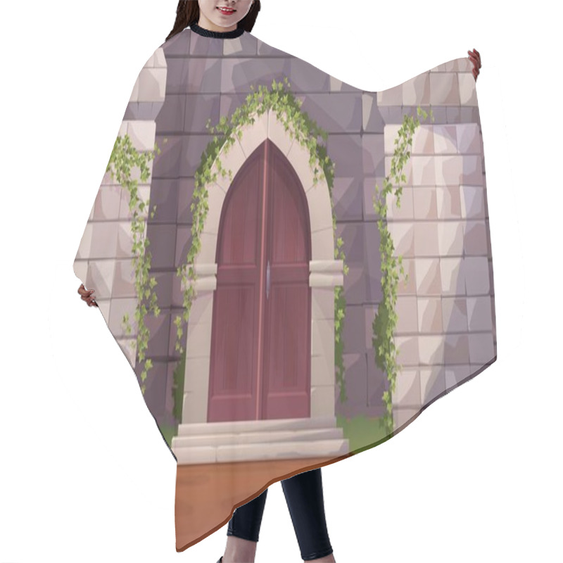 Personality  Wooden Ancient Medieval Castle Door With Brick Wall, Stones And Climbing Ivy Plant. Cartoon Vector Illustration For 2d Game. Hair Cutting Cape