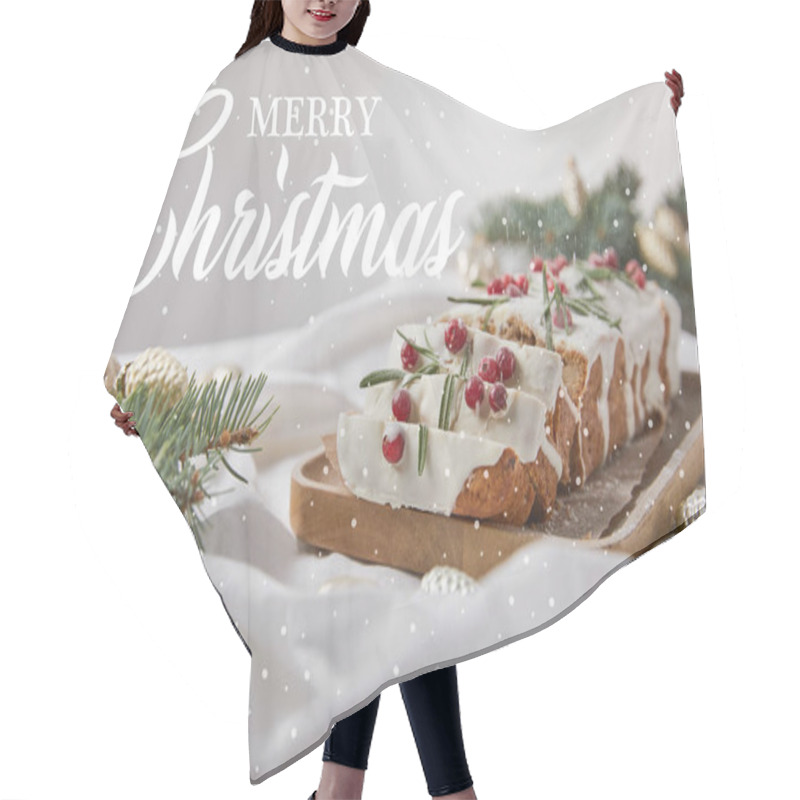 Personality  Selective Focus Of Traditional Christmas Cake With Cranberry On Wooden Board Near Baubles And Pine Needles Isolated On Grey With Merry Christmas Illustration Hair Cutting Cape