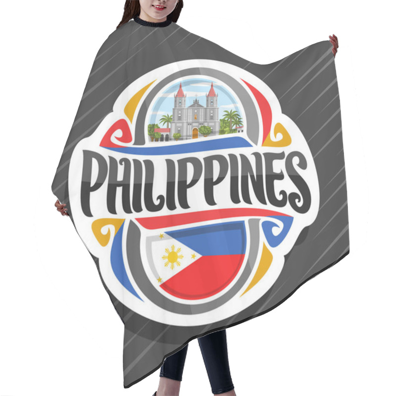 Personality  Vector Logo For Philippines Country, Fridge Magnet With Filipino State Flag, Original Brush Typeface For Word Philippines And National Filipino Symbol - Molo Church In Iloilo On Cloudy Sky Background. Hair Cutting Cape