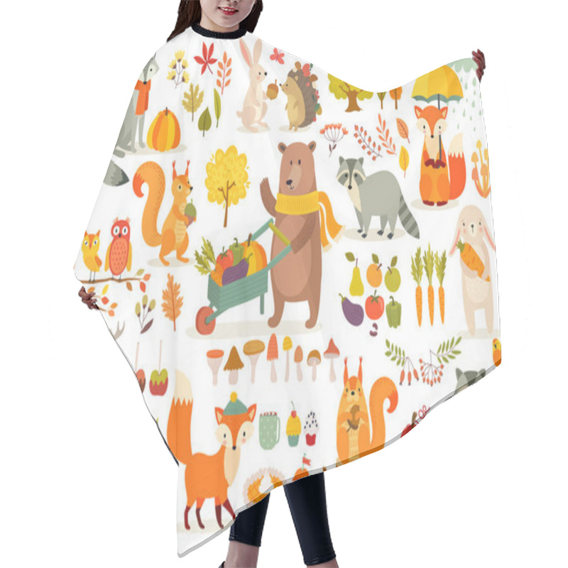 Personality  FAll Theme Set, Forest Animals Hand Drawn Style. Vegetables, Trees, Leaves, Food For Harvest Festival Or Thanksgiving Day. Cute Autumn Charactrs - Bear, Fox, Raccoon, Squirel. Vector Illustration. Hair Cutting Cape