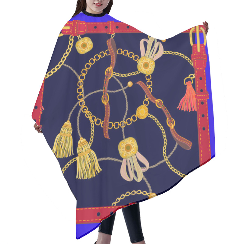 Personality  Abstract Print With Golden Chains And Red Belts. Hair Cutting Cape