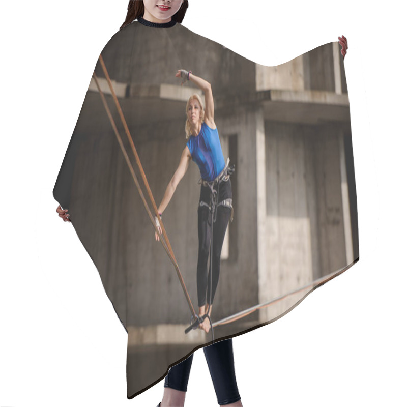 Personality  Female Equilibrist Standing Tilted Her Hands In The Right Direction On The Slackline On The Background Of Unfinished Building Hair Cutting Cape