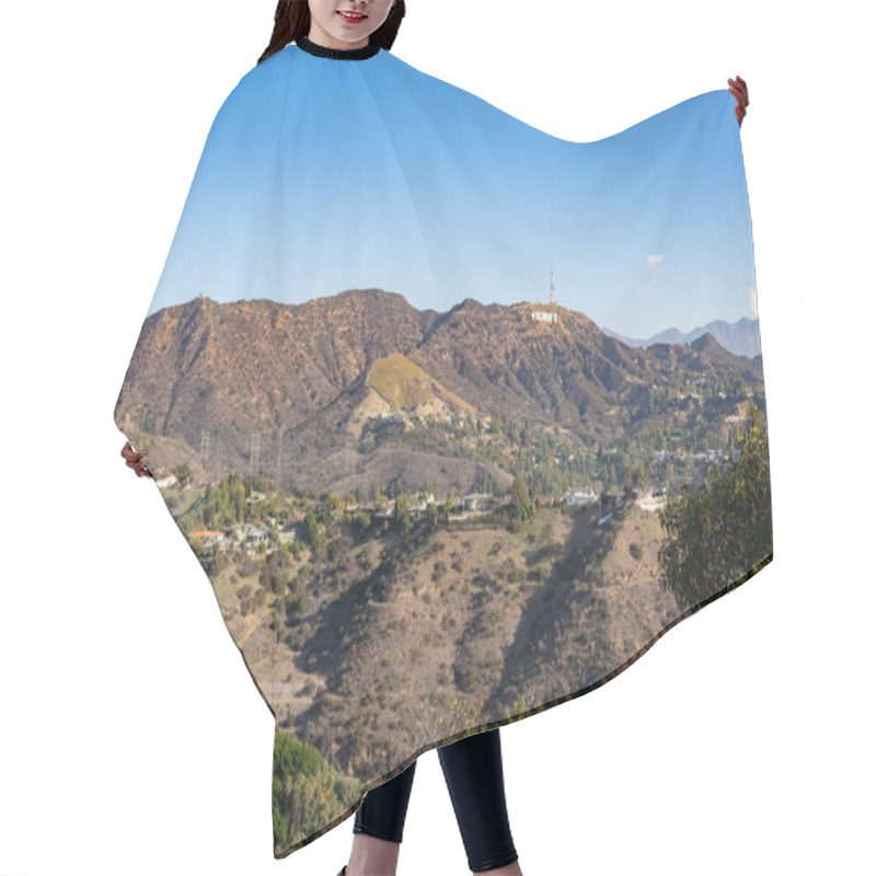 Personality  View Of Hollywood Sign From Hollywood Hills. Warm Sunny Day. Beautiful Clouds In Blue Sky Hair Cutting Cape