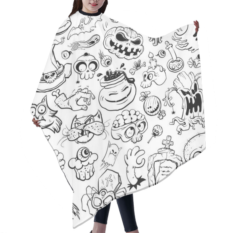 Personality  Halloween Seamless Pattern, Black And White Hand Drawn Vector Line Graphic Illustration With Classic Halloween Art Elements Hair Cutting Cape