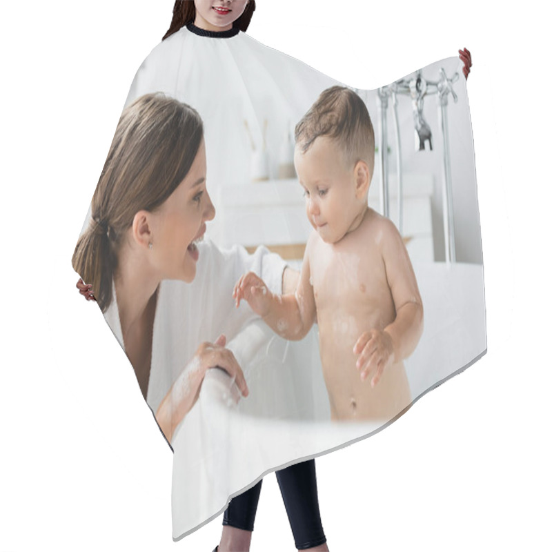 Personality  Cheerful Mother In Bathrobe Bathing Wet Toddler Son In Bathtub  Hair Cutting Cape